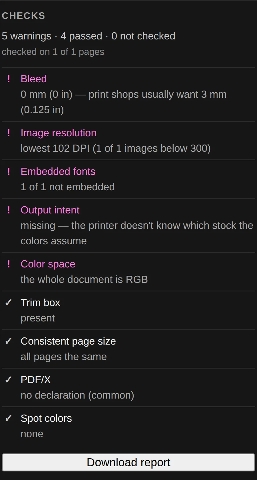 Preflighter check list with five warnings and four passed checks