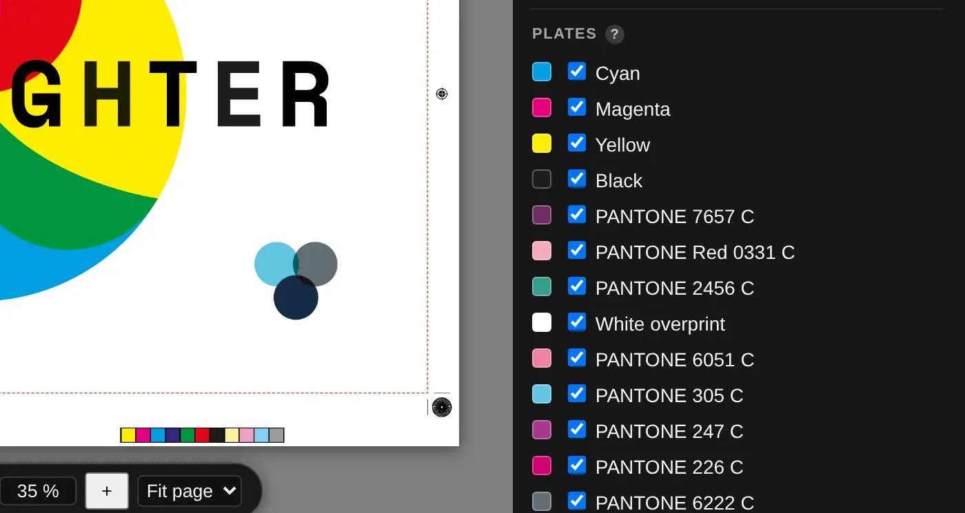 Plates panel listing four process colors and ten spot colors