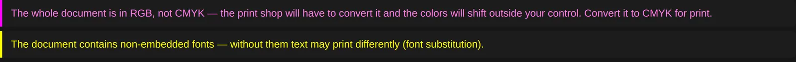 Preflighter warning banners: the whole document is RGB and contains non-embedded fonts