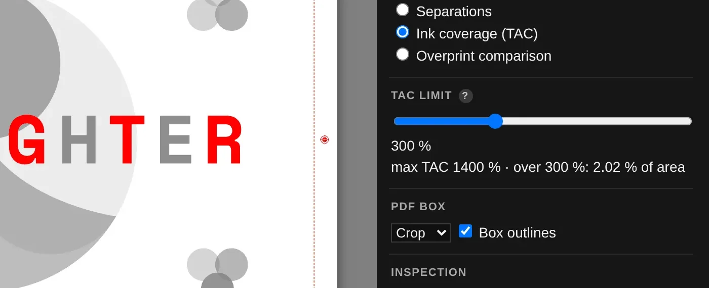 Ink coverage map with areas above 300 % in red and the maximum readout