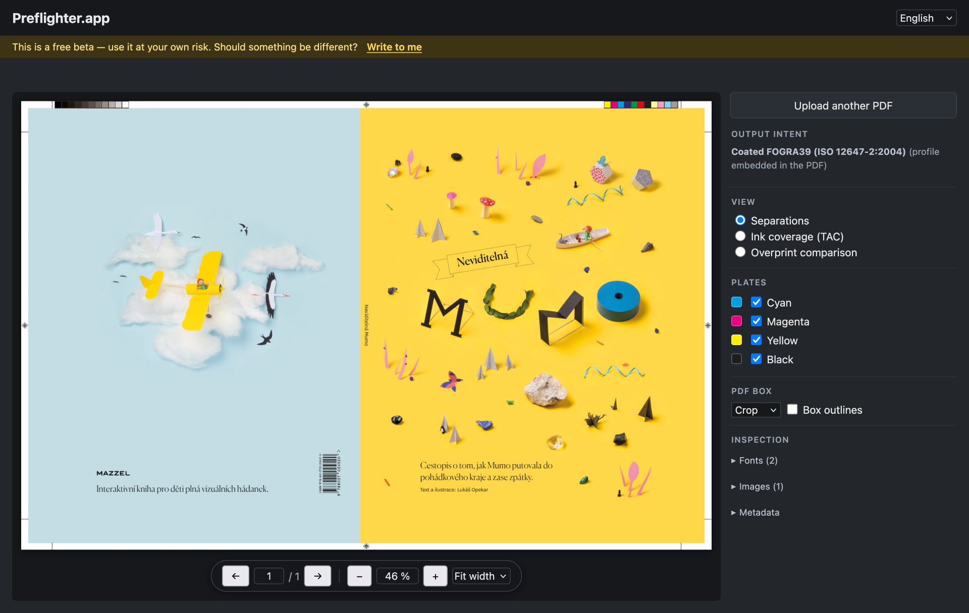 Preflighter.app — anteprima PDF con separazioni CMYK, pannello delle lastre e condizione di output FOGRA39